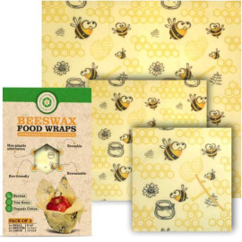 Beeswax Wraps for Food Storage - Pack of 3 Size S,M,L. Bees Pattern.
