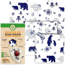 Beeswax Wraps for Food Storage - Pack of 3 Size S,M,L. Bears pattern.